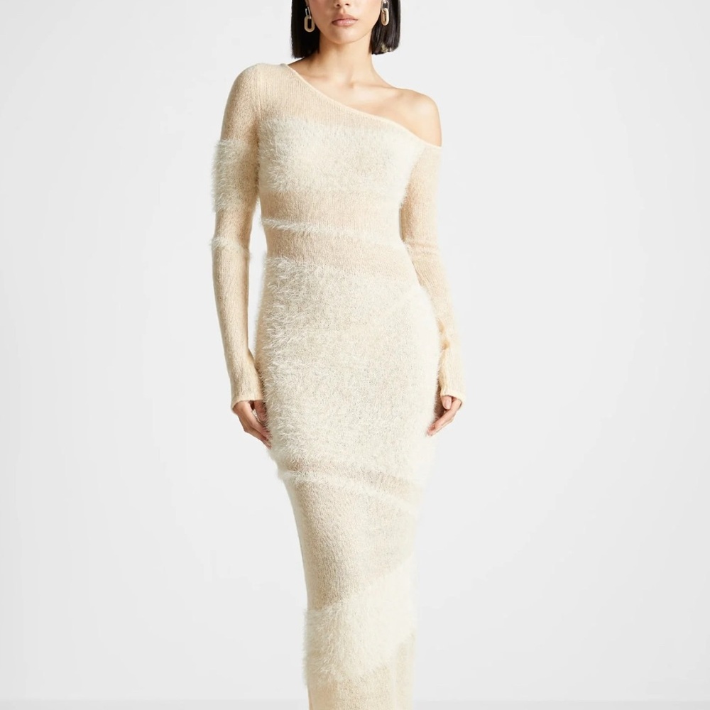 Maniere De Voir Cream Fuzzy Long Sleeve Dress